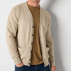 Pull on this stylish St. John's Bay men's cardigan for cold-weather outings. Made from a soft cotton-knit, this v-neck style has two front slip pockets and a full-button closure. Layer it over shirts and t-shirts with jeans and lace-up boots.Closure Type: ButtonFit: Classic FitNeckline: V NeckPockets: 2 Front Slip PocketsSleeve Length: Long SleeveSleeve Style: Cuffed SleeveApparel Length: 27.5 Inches - FrontFiber Content: 60% Cotton, 40% Recycled PolyesterFabric Description: KnitCare: Machine W… Cotton Cardigan For Winter Cold Weather, Cotton Cardigan For Cold Weather In Winter, Winter Cotton Cardigan For Cold Weather, Cotton Cardigan For Cold Weather And Winter, Cotton Cardigan For Winter, Winter Cotton Sweater With Pockets, Cotton Sweater With Pockets For Cold Weather, Cotton V-neck Sweater With Pockets, Winter Cotton Button-up Cardigan