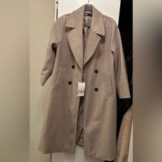 Zara Long Jacket Size Xs Tan Color New With Tags Runs Oversized Chic Double-breasted Winter Outerwear, Spring Casual Long Sleeve Wool Coat, Casual Long Sleeve Spring Wool Coat, Neutral Long Sleeve Wool Coat For Spring, Casual Long Wool Coat For Spring, Spring Casual Long Wool Coat, Casual Long Pea Coat For Fall, Casual Zara Pea Coat, Neutral Winter Outerwear With Pockets