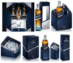 four different views of various bottles of liquor and ice cubes on display in blue boxes