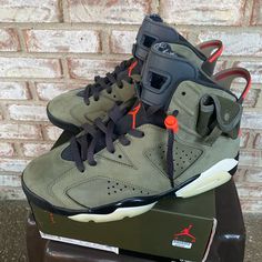 These Are A 9.5 Men's Air Jordan 6 Retro Sp Medium Olive/ Infrared-Black Olive Moyen Noir/Infrarouge In Great Condition With Only Being Warn Eight Times Got Off Stockx And Came With Verification Paper Still In Box As Well. I Used To Always Want A Pair Of Travis Scott's But Now All They Do Is Just Sit In Their Box And I Hate That Knowing Instead Someone Else Could Put Them To Good Use Ky :Payment Method Preferably Cash “Yeey 700 V3 / Jordan 6 Travis Scott” Deal With Getting Both -Feel Free To Mes Jordan 6 Travis Scott Olive Outfit, Jordan 6 Travis Scott British Khaki, Electric Green Jordan 6, Jordan 6 Hare, Jordan 6 Travis Scott, Jordan 6 Olympic, Air Jordan 6, Jordan 6, Jordans For Men