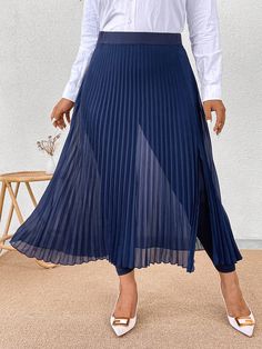 Plus Size High Waist Pleated Skirt Navy Blue Elegant   Woven Fabric Plain Pleated Non-Stretch  Women Plus Clothing, size features are:Bust: ,Length: ,Sleeve Length: High Waist Pleated Skirt, Pleated Fashion, High Waisted Pleated Skirt, Plus Size Skirts, Pleated Dress, Eos, Plus Clothing, Pleated Skirt, All Fashion