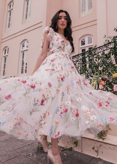 Summer A-line Dresses For Garden Party, Fitted Floral Print V-neck Dress For Spring, Spring Floral Print V-neck Dress For Party, Spring Wedding V-neck Maxi Dress, Spring Wedding Maxi V-neck Dress, Spring Floral Embroidered A-line Maxi Dress, Elegant V-neck Dress For Spring Garden Party, White V-neck Dress With Floral Embroidery, Spring Wedding V-neck Mini Dress