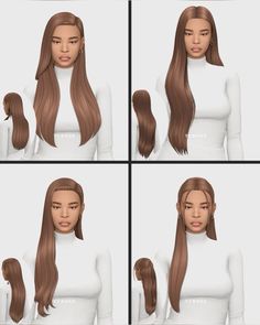 four different views of a woman's hair with long, straight and wavy brown hair