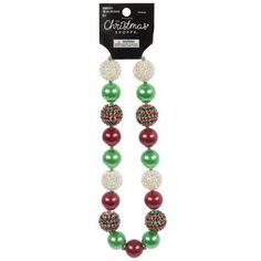 christmas beaded necklace with red, green and white balls on the end of it