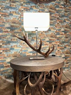 a table with antlers on it in front of a stone wall and lamp shade