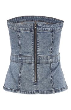 Full of modern casual-cool charm, this seamed denim top is updated in a shoulder-baring silhouette for day-to-night potential. 16 1/2" length Exposed back-zip closure Strapless 75% cotton, 18% polyester, 5% viscose, 2% elastane Machine wash, dry flat Imported Chic Dark Wash Top With Pockets, Trendy Washed Denim Blue Top, Summer Strapless Denim Top, Chic Denim Top For Night Out, Strapless Denim Tops For Summer, Chic Dark Wash Denim Top For Night Out, Trendy Denim Blue Top For Night Out, Medium Wash Strapless Top For Spring, Casual Strapless Top In Medium Wash