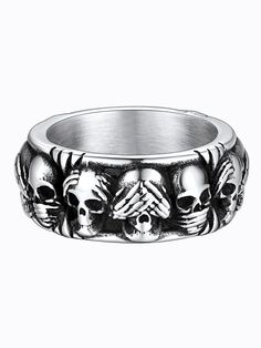 PRICES MAY VARY. 【Gothic Skull Rings】--Retro punk 3 skull band rings, suit for biker, hip hop, rock and gothic fans. Unique skull ring design for broken souls, meticulously crafted in great detail, as well as good cos play jewelry for halloween party. 【Retro Steel Rings for Men】--Top steel biker rings made of 316L Stainless Steel, lead-free and nickel-free. Perfect for sensitive skin, no more worrying about allergies. No tarnish and oxidize, long lasting. It is able to endure a lot of wear and t Emo Rings Men, Black Ring For Halloween Streetwear, Black Metal Skull Ring Symbolic Style, Symbolic Black Metal Skull Ring, Black Symbolic Skull Ring For Halloween, Symbolic Black Skull Ring For Halloween, Vintage Black Metal Skull Ring, Black Skull Ring For Halloween Streetwear, Black Skull Rings In Punk Style