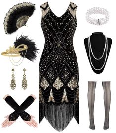 PRICES MAY VARY. Package Included-1 x sequin sleeveless flapper dress, 1x lace fan, 1 x long satin gloves,1 xfeather headband, 1 x pearl necklace, 1 x earrings, 1 x pearl bracelet, 1 x fishnet stockings. Vintage Elegant Glam-The flapper dresses 1920s made of polyester fabric and soft fringe, delicate bead and sparkling sequins design, the enchanting dresses that feature a seductive V-neckline and a daring backless design, adding a touch of feminine allure to 20s outfit. Inspired by the flapper s Gatsby Inspired Dress, Roaring 20s Accessories, Flapper Dresses 1920s, 20s Accessories, Long Satin Gloves, 20s Outfit, Hoco 2024, Great Gatsby Themed Party, Fringed Dress