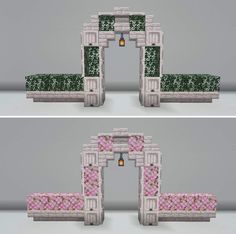 two different views of an arch with pink and green flowers on the top, and bottom