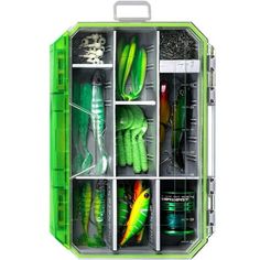 the inside of a green case filled with different types of fishing lures