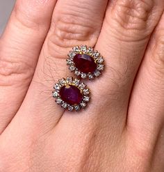 Natural Burmese Ruby and Natural Diamond Earrings in 18 K Yellow Gold  Weight of Natural Ruby  2 pcs  2.25 ct Weight of Natural Diamonds 26 pcs  0.47 ct Total Weight of Earring 4.79 gm Ruby each of measurements  7.20 x 5.22 mm /  6.91 x 5.49 mm Length and Width of Ruby and Diamond 11.39 x 9.86 mm Gemstone  -  Natural Ruby  Colour  -   Intense Red  Transparency  -  Transparent  Treatments  -  Heated  Clarity  -  Si Hardness  9 Origin of Ruby  Mong Hsu Burma ( Myanmar) Final fixed price  Made in M Burmese Ruby, Pretty Jewelry Necklaces, Burma Myanmar, Diamond Necklace Designs, Baby Jewelry, Ruby Earrings, Wedding Jewelry Earrings, July Birthstone, Bridal Gold Jewellery