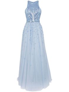 baby blue tulle overlay bead embellishment halterneck sleeveless fitted waistline flared skirt long length Baby Tulle Dress, Saiid Kobeisy, Gown Blue, Bead Embellishment, Blue Tulle, City Dress, Skirt Long, Flared Skirt, Tulle Dress