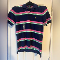 Polo New With Tag Ralph Lauren Striped Collared Tops, Fitted Pink Polo Collar T-shirt, Preppy Pink Short Sleeve Shirt, Preppy Multicolor Collared Top, Preppy Pink Collared Top, Casual Pink Polo Shirt For Spring, Casual Pink Collared T-shirt, Preppy Fitted Pink Top, Navy Short Sleeve Ralph Lauren Top