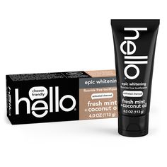 Say hello to a friendly teeth whitening toothpaste with hello Epic Whitening Activated Charcoal Toothpaste. This fluoride free toothpaste is thoughtfully formulated with high quality ingredients like fresh mint, coconut oil, and activated charcoal. It is safe for enamel and freshens your breath like nobody’s business. Made with activated charcoal from bamboo, this black toothpaste might look weird but it works brilliantly and tastes awesome. This minty charcoal whitening toothpaste whitens natur Hello Toothpaste, Good Makeup Products, Antiseptic Mouthwash, Charcoal Toothpaste, Teeth Whitening Toothpaste, Good Makeup, Whiter Teeth, Whiten Teeth, Artificial Sweeteners