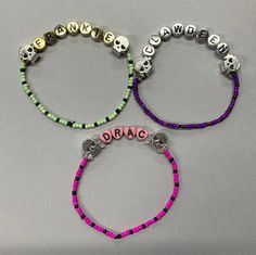 Be yourself, be unique, be a monster with these adorable ghoulfriend bracelets! Each bracelet is made with cute metal heart eye skulls, gold, pink, or silver letter beads, and small Czech glass beads, and stretchy cord ensuring a comfortable fit! Can't decide on a favorite? Then get all three for a better deal! Be A Monster, Beaded Friendship Bracelets, Heart Eye, Multiple Bracelets, Friendship Bracelets With Beads, Kandi Bracelets, Monster Dolls, Metal Heart, Letter Beads