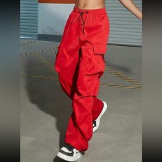 Women’s Cargo Parachute Pants Nwt Red Baggy Parachute Pants For Streetwear, Baggy Red Full-length Cargo Pants, Red Baggy Full-length Cargo Pants, Baggy Red Parachute Pants, Red Baggy Sporty Bottoms, Red Wide Leg Parachute Pants For Streetwear, Red Baggy Full Length Parachute Pants, Sporty Red Pants For Spring, Sporty Red Summer Pants