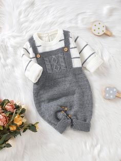 Multicolorido  Collar Manga Comprida Lã penteada Bloco de cores,Listrado Macacão Embellished Elasticidade Média  Roupas para bebês Baby Mode, Baby Boy Dress, Jumpsuit Outfit, Striped Jumpsuit, Baby Outfits Newborn, Baby Outfits