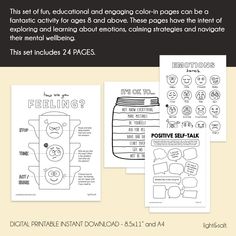 This set of fun, educational and engaging color-in pages can be a fantastic activity for ages 8 and above. These pages have the intent of exploring and learning about emotions, calming strategies and navigate their mental wellbeing. Therapy Worksheets For Kids, Learning Emotions, Growth Mindset Vs Fixed Mindset, Calming Corner, Calming Techniques, Calming Strategies, Mental Health Posters, Fixed Mindset, Therapy Worksheets