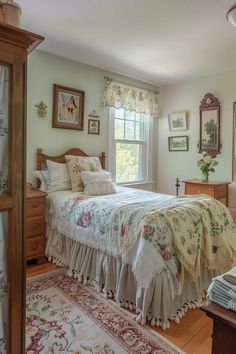 a bed sitting in a bedroom next to a window