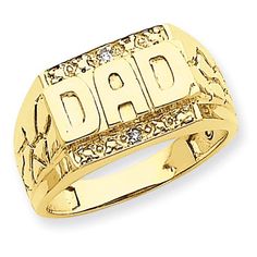 a yellow gold ring with the word dad engraved on it's center and surrounded by small diamonds