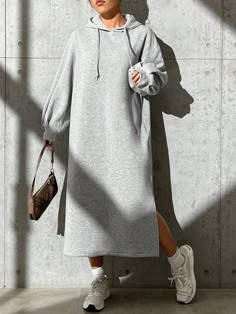 Grey Casual Collar Long Sleeve Knitted Fabric Plain Dress Embellished Slight Stretch  Women Clothing Loose Jeans Outfit, Long Hoodie Dress, Split Hem Dress, Warm Dresses, Plain Dress, Hooded Dress, Linnet, Sport Dress, Athleisure Wear