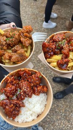 three bowls filled with different types of food