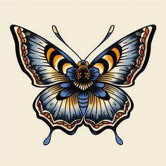 Professional Blue Butterfly Tattoo Files Traditional Tattoo Art Butterfly, Butterfly Pop Art, Traditional Hip Tattoo, Tattoo Sizes, Colorful Butterfly Tattoo, Front Shoulder Tattoos, Electric Tattoo