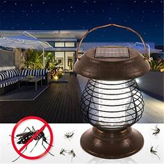 an insect is on the ground next to a lamp with mosquitoes around it and a no - fly sign