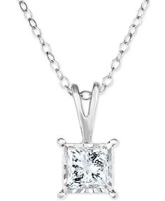 TruMiracle - Diamond Princess Solitaire 18" Pendant Necklace (1/2 ct. t.w.) in 14k White, Yellow, or Rose Gold Emerald Cut Solitaire Necklace With Diamond Accents, Emerald Cut Diamond Necklace With Vvs Clarity, Timeless Princess Cut Diamond White Jewelry, Diamond White Jewelry With Princess Cut In Prong Setting, Timeless Jewelry With Princess Diamond Cut, Princess Cut Diamond White Jewelry With Prong Setting, Silver Solitaire Necklace With Emerald Cut Diamond Accents, Elegant Asscher Cut Cubic Zirconia Diamond Necklace, Emerald Cut Diamond Solitaire Necklace In Silver