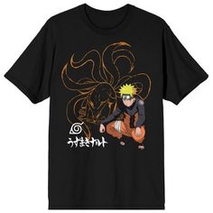 Celebrate your favorite anime series in style with this Naruto Shippuden tee. The shirt features an image of Naruto Uzumaki kneeling in front of line art of the Nine Tails beast while the Hidden Leaf Village symbol and white kanji letters appear at the bottom of the image. The tee comes in a black short sleeve crew neck. Fans of the Naruto Shippuden anime series will love this comfy cotton t-shirt. Naruto Shirt Design, Naruto Shirt Design Png, Anime Tshirt Design Ideas Naruto, Naruto T Shirts Design, Tsunade Cosplay, Naruto Tshirt Print Design, Kanji Letters, Nine Tails, Naruto Print Tshirt