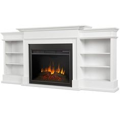 a white fireplace with an open bookcase and fire in the center, on a white background