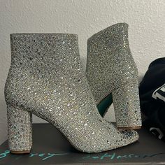 Brand New Worn To Try On 70 Glamorous Rhinestone Evening Boots, Evening Boots With Rhinestones And Round Toe, Silver Embellished Heels With Almond Toe, Silver Embellished Wedding Boots, Embellished Silver Wedding Boots, Glamorous Rhinestone Boots For Formal Occasions, Formal Sparkling Round Toe Boots, Glamorous Formal Boots With Rhinestones, Silver Embellished Boots For Night Out