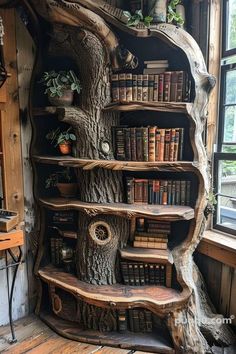 an unusual tree - like bookcase in the corner of a room filled with books