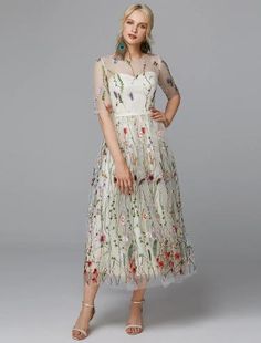 A-Line Floral Dress Holiday Tea Length Half Sleeve Illusion Neck Lace with Embroidery Appliques Summer Fitted Organza Embroidered Dress, Summer Organza Embroidered Fitted Dress, Spring Embroidered Dress With Floral Applique And Short Sleeves, Spring Embroidered Dress With Floral Applique, Summer A-line Dress With Illusion Neckline, Spring Lace Dress With Floral Embroidery, Summer Wedding Embroidered Dress With Floral Print, Spring Floral Print Lace Embroidered Dress, Summer Wedding Embroidered Floral Dress