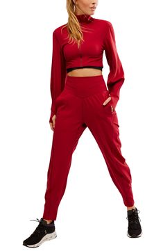 Work out or chill out in these relaxed high-waist pants that keep you comfortable wherever the day takes you. 28" inseam; 12" front rise; 18 1/2" back rise Elastic waist Side-seam pockets 79% nylon, 21% spandex Machine wash, dry flat Imported Athleisure Pants With Hip Pockets For Loungewear, High-waisted Relaxed Fit Athleisure Bottoms, High-waisted Athleisure Bottoms With Relaxed Fit, Relaxed Fit High-waisted Athleisure Bottoms, Fall Athleisure Wide Leg Pants With Pockets, Fall Straight Leg Athleisure Joggers, Sporty High-waisted Relaxed Fit Pants, Fall Athleisure Full-length Pants, Relaxed Fit Tapered Leg Workout Pants