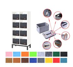 several different types of storage bins in various colors and sizes with instructions for them