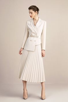 Beige V-neck With Pleated Skirt Blazer Skirt Suits Peak lapels; front button blazer V-Neck, Long sleeves; button sleeves Structured shoulders. Chest welt pockets. Pleated Skirt V-Neck, Long sleeves; buttons Structured shoulders. Chest welt pockets. Hip flap pockets Polyester 71.3% Viscose 17.7% Wool 6% Spandex 5% Imported Brand - Aision Model Number - 213144C1+S4 Jacket And Pleated Skirt Outfit, Women Suit With Skirt, Pleated Skirt Blazer Outfit, Blazer And Long Skirt Outfits, Suit And Skirt For Women, Blazer Outfits Skirt, Blazer With Skirt Outfits, Pleated Skirt With Blazer, Skirt With Blazer Outfit