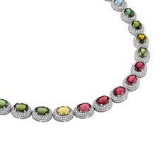 14k White Gold Tourmaline 29.5 Cts Diamond 7.00 Cts Please allow 6-8 weeks for delivery. All prices are in US Dollars. Elegant Oval Tourmaline Necklace, Oval Tourmaline Necklace Fine Jewelry, Oval Tourmaline Necklace In Fine Jewelry Style, Oval Tourmaline Jewelry With Gemstone Accents, Diamond Tennis Necklace, Tourmaline Necklace, Bezel Set Diamond, Tennis Necklace, Resort Collection