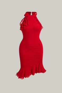 a red dress with ruffles on the bottom