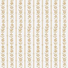 a beige and white striped wallpaper with gold leaves on the bottom half of it