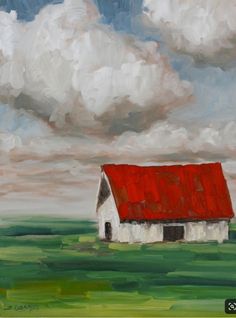 a painting of a red roofed house in a green field under a cloudy sky