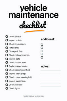 a vehicle maintenance checklist with the words vehicle maintenance checklist written in orange on it