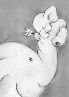 a drawing of an elephant holding a flower in its trunk