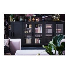 a living room filled with furniture and a book shelf next to a plant on top of a table