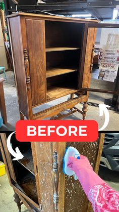 before and after photos of an old cabinet being refinished with spray paint on it