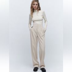 Zara Pleated Menswear Style Pants Basic And Beautiful Casual Wide Leg Pants For Fall Business, Fall Business Casual Wide Leg Pants, Casual Wide Leg Business Trousers, Classic Zara Wide Leg Bottoms, Classic Zara Bottoms For Business Casual, Zara Classic Wide Leg Bottoms, Zara Classic Straight Dress Pants, Zara Classic Business Casual Bottoms, Zara Classic Bottoms For Business Casual