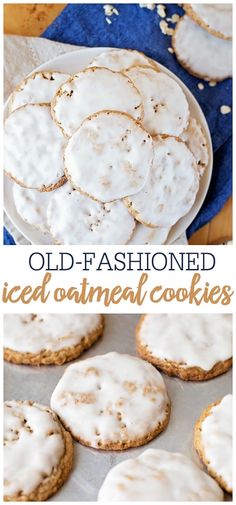 old - fashioned iced oatmeal cookies with white icing on a plate