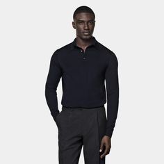 Dress it up under a tailored jacket or swap your shirt with it for a more casual anytime style-this navy long-sleeve polo shirt is an easygoing seasonal must-have. Winter Workwear Polo Sweater With Collared Neckline, Collared Polo Sweater For Workwear In Winter, Fitted Long Sleeve Polo Shirt For Formal Occasions, Elegant Polo Collar Business Tops, Elegant Business Polo Collar Tops, Classic Lapel Collar Tops For Fall, Fitted Polo Shirt For Work, Fall Business Casual Polo Sweater, Classic Tops With Lapel Collar For Fall