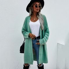 Women's Cardigans 2021 New Autumn Winter Casual Knitted Long Cardigan Long Knit Cardigan, Cardigan Casual, Gilet Long, Green Cardigan, Duster Cardigan, Long Knit, Women Long Sleeve Tops, Plus Size Kleidung, Cardigan Top