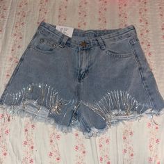 Rhinestone Fringe Denim Shorts Size L High Waist Rhinestone Denim Jeans, Trendy Denim Blue Bottoms With Rhinestones, Spring Denim Blue Bottoms With Rhinestones, Casual Denim Blue Bottoms With Rhinestones, Denim Blue Rhinestone Bottoms For Spring, Denim Blue Rhinestones Bottoms For Spring, Spring Denim Blue Rhinestones Bottoms, High Rise Denim Bottoms With Rhinestones, Blue High Waist Jeans With Rhinestones